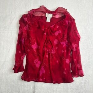 Vision Apparel‎ Red Sheer Floral Print Beaded Ruffle Blouse Womens Large Tall